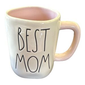RAE DUNN "BEST MOM" FARMHOUSE COFFEE TEA White with Pink Interior/Handle New